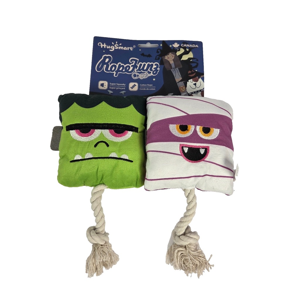 HugSmart RopeFunz Halloween Dog Toy Set Frankenstein Mummy Plush Squeaky Rope
